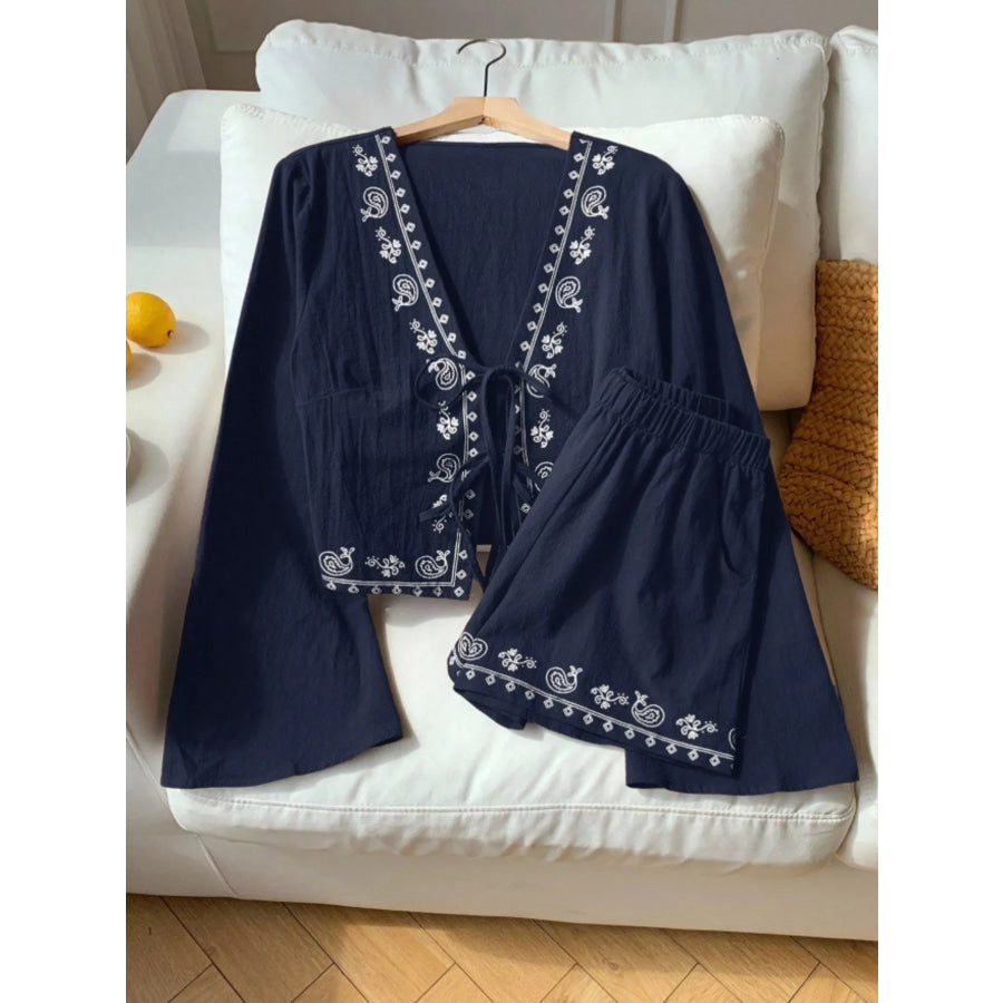 Embroidered Tie-Front Top & Shorts Set Apparel and Accessories