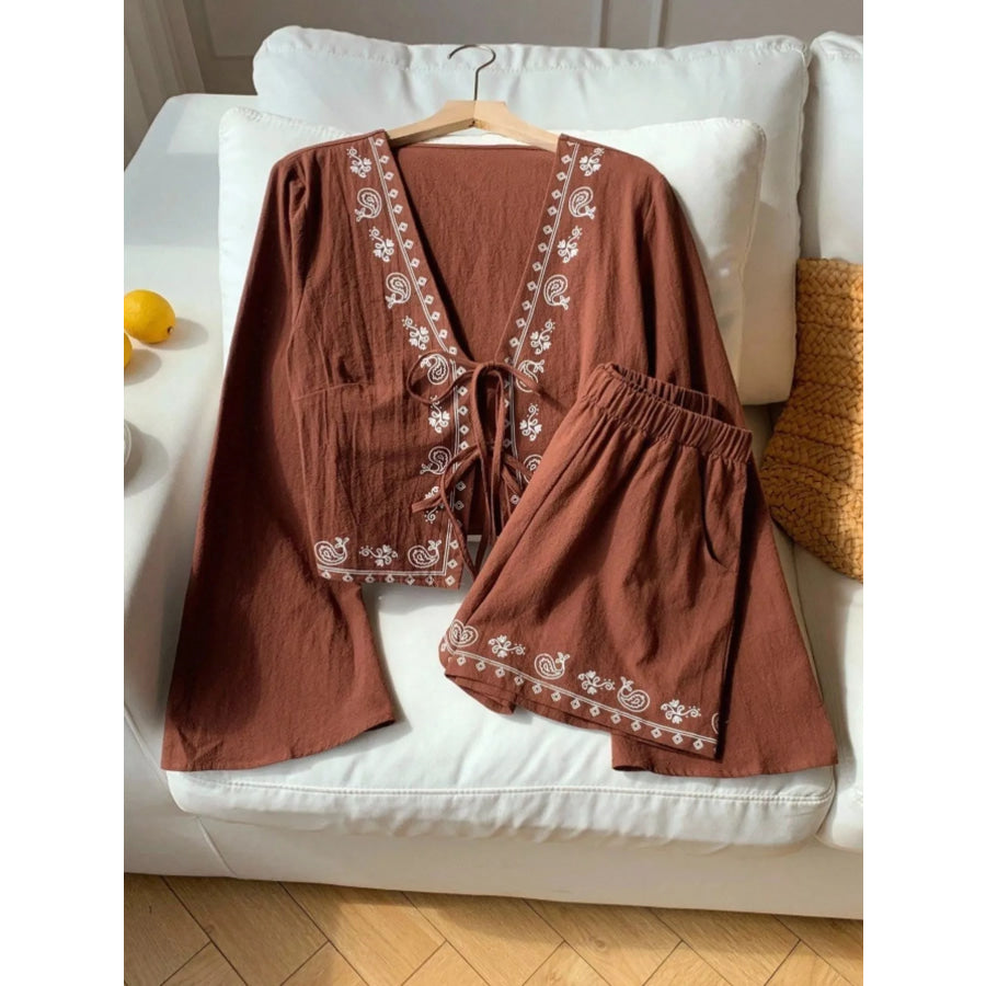 Embroidered Tie-Front Top & Shorts Set Apparel and Accessories