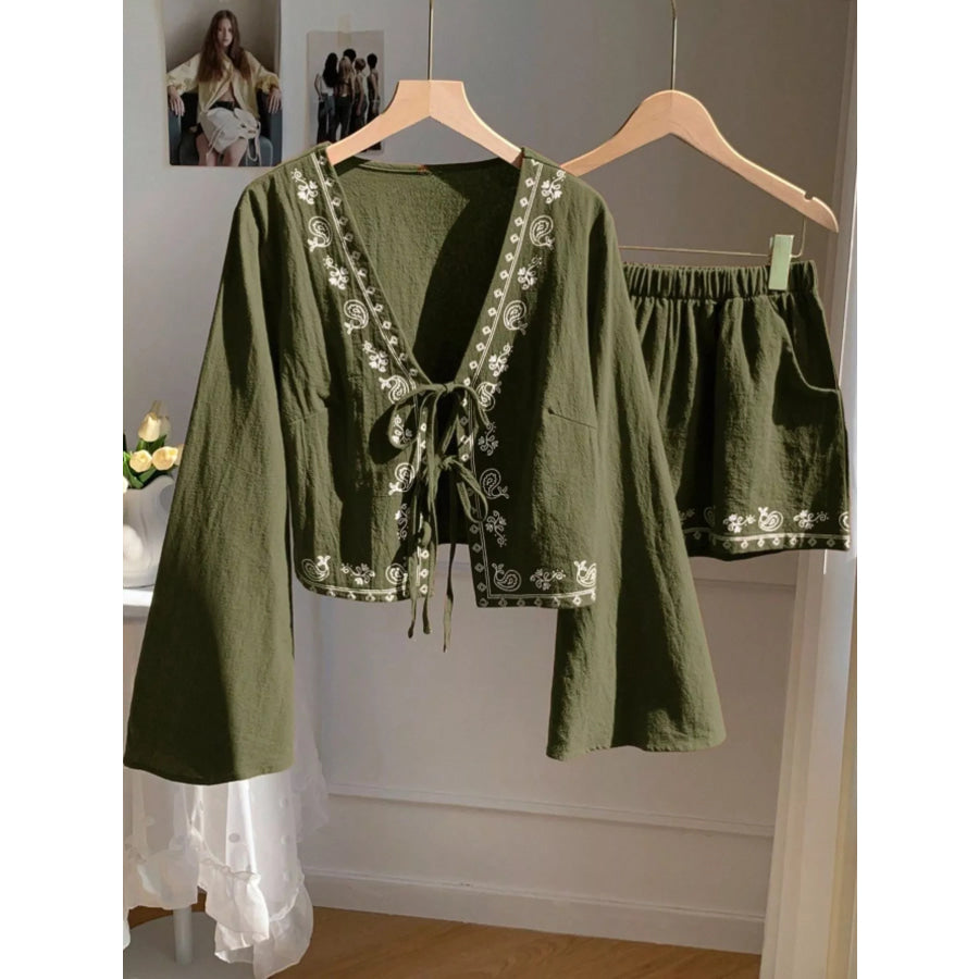 Embroidered Tie-Front Top & Shorts Set Apparel and Accessories