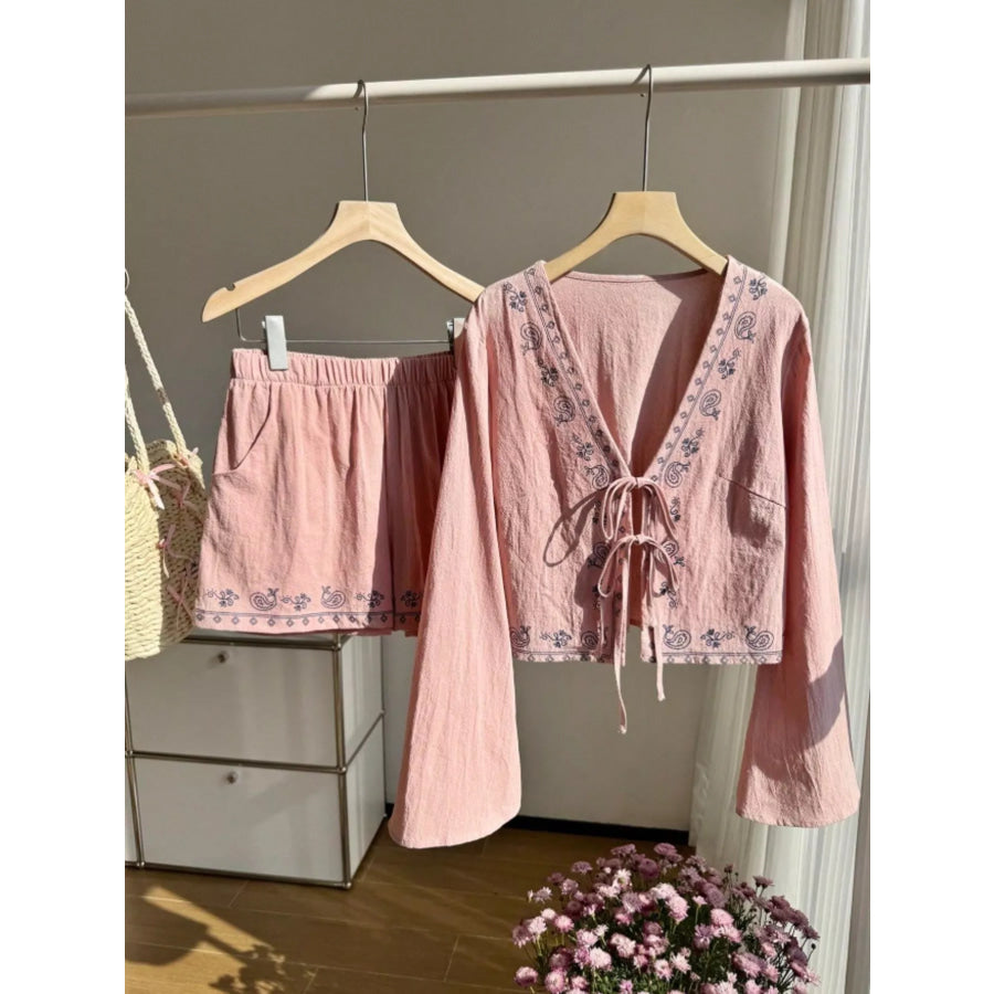 Embroidered Tie-Front Top & Shorts Set Apparel and Accessories