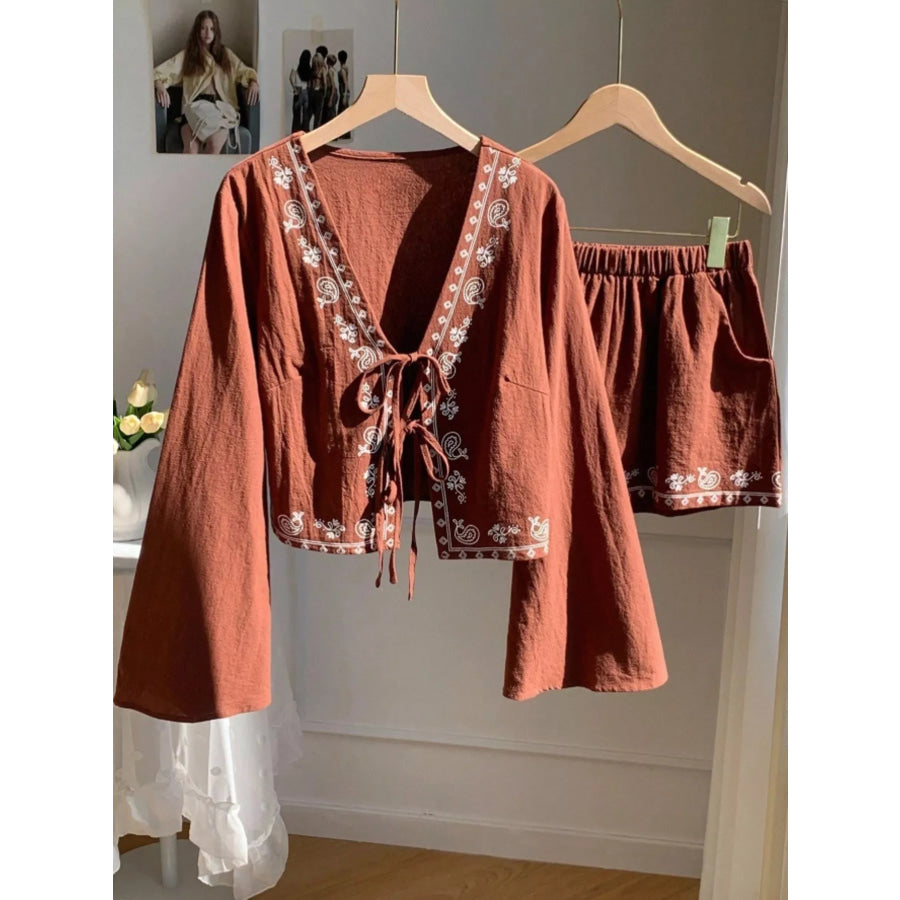 Embroidered Tie-Front Top & Shorts Set Apparel and Accessories