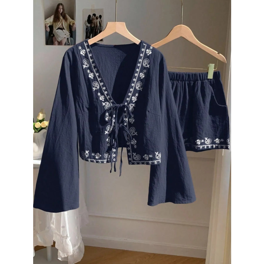 Embroidered Tie-Front Top & Shorts Set Apparel and Accessories
