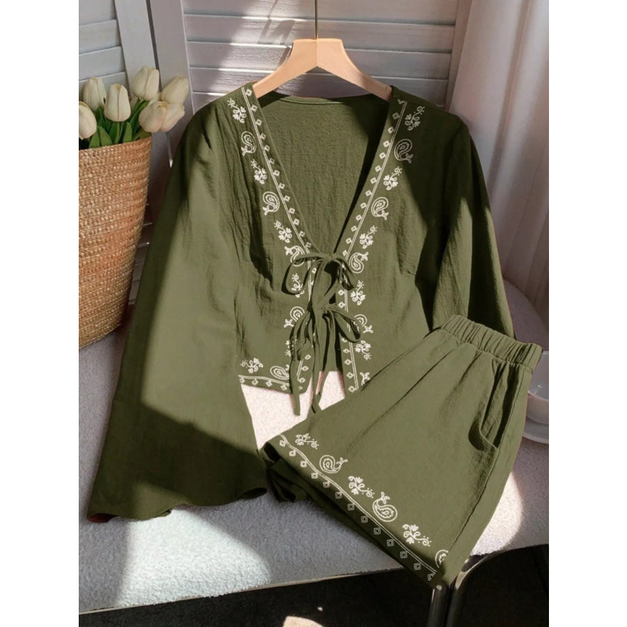 Embroidered Tie-Front Top & Shorts Set Army Green / S Apparel and Accessories