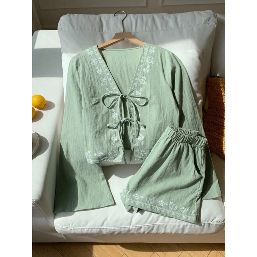 Embroidered Tie-Front Top & Shorts Set Light Green / S Apparel and Accessories
