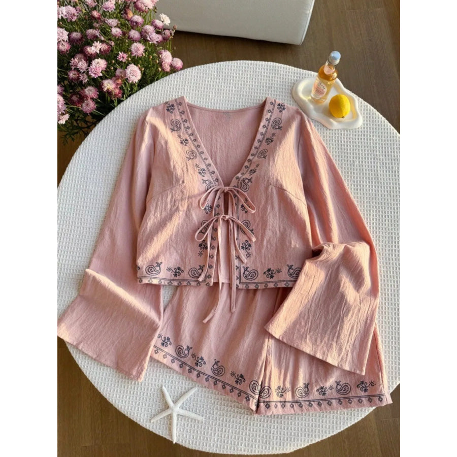 Embroidered Tie-Front Top & Shorts Set Pink / S Apparel and Accessories