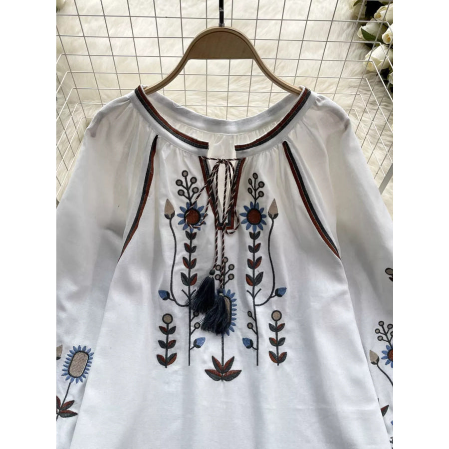 Embroidered Tie Neck Blouse Apparel and Accessories