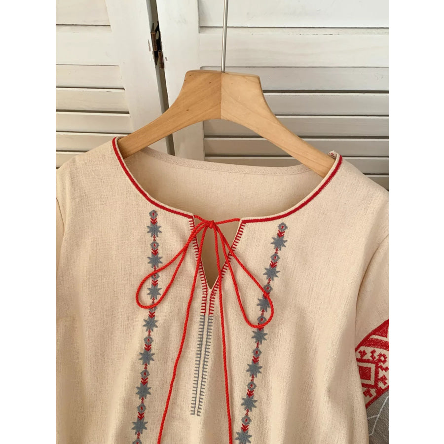 Embroidered Tie Neck Blouse Apparel and Accessories