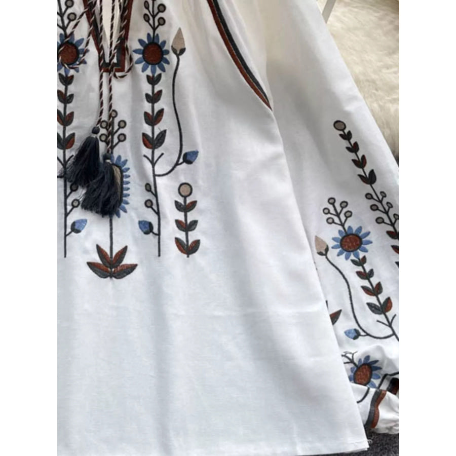 Embroidered Tie Neck Blouse Apparel and Accessories
