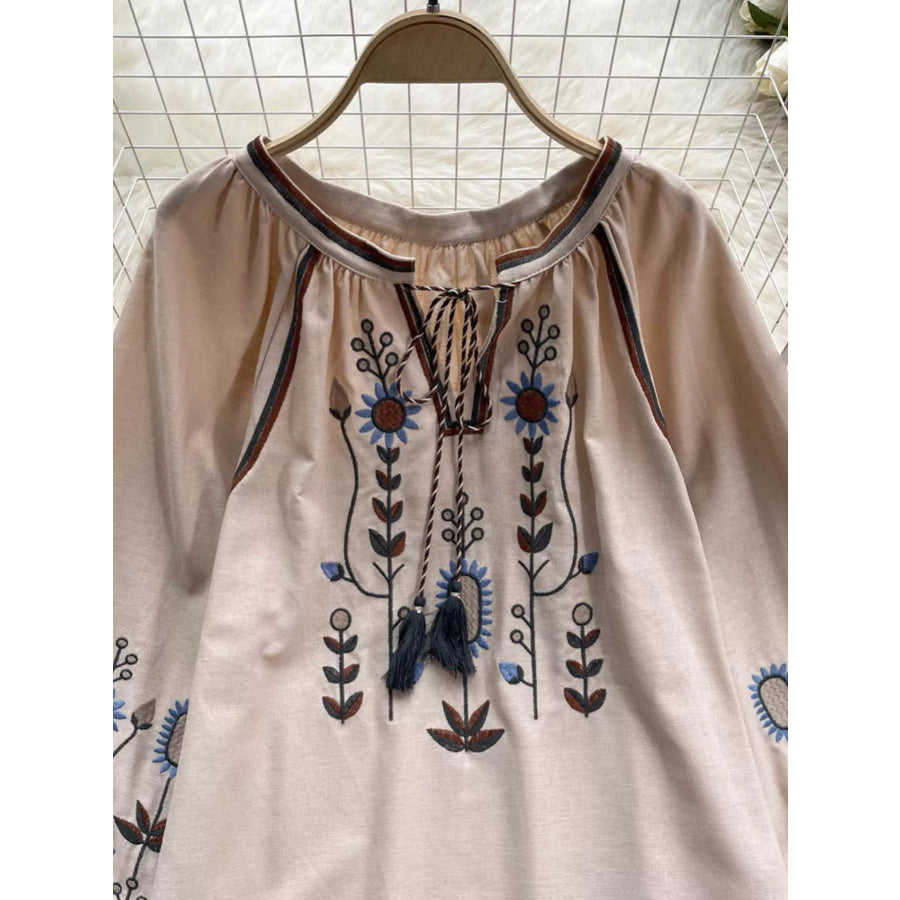 Embroidered Tie Neck Blouse Apparel and Accessories