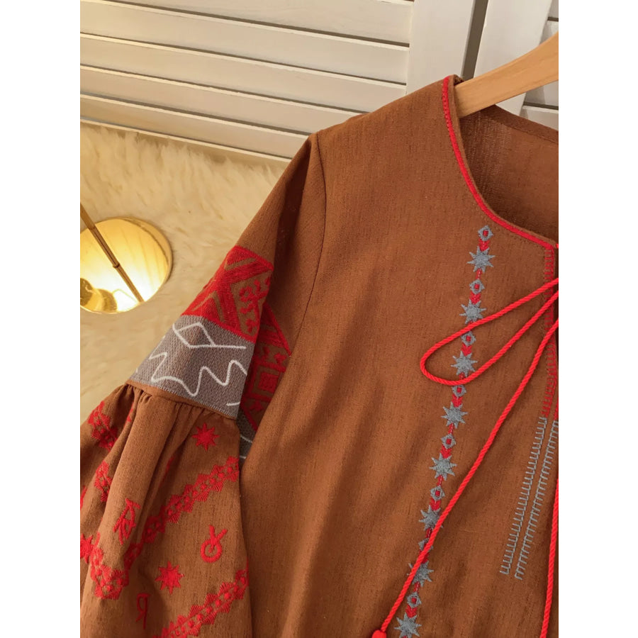 Embroidered Tie Neck Blouse Apparel and Accessories