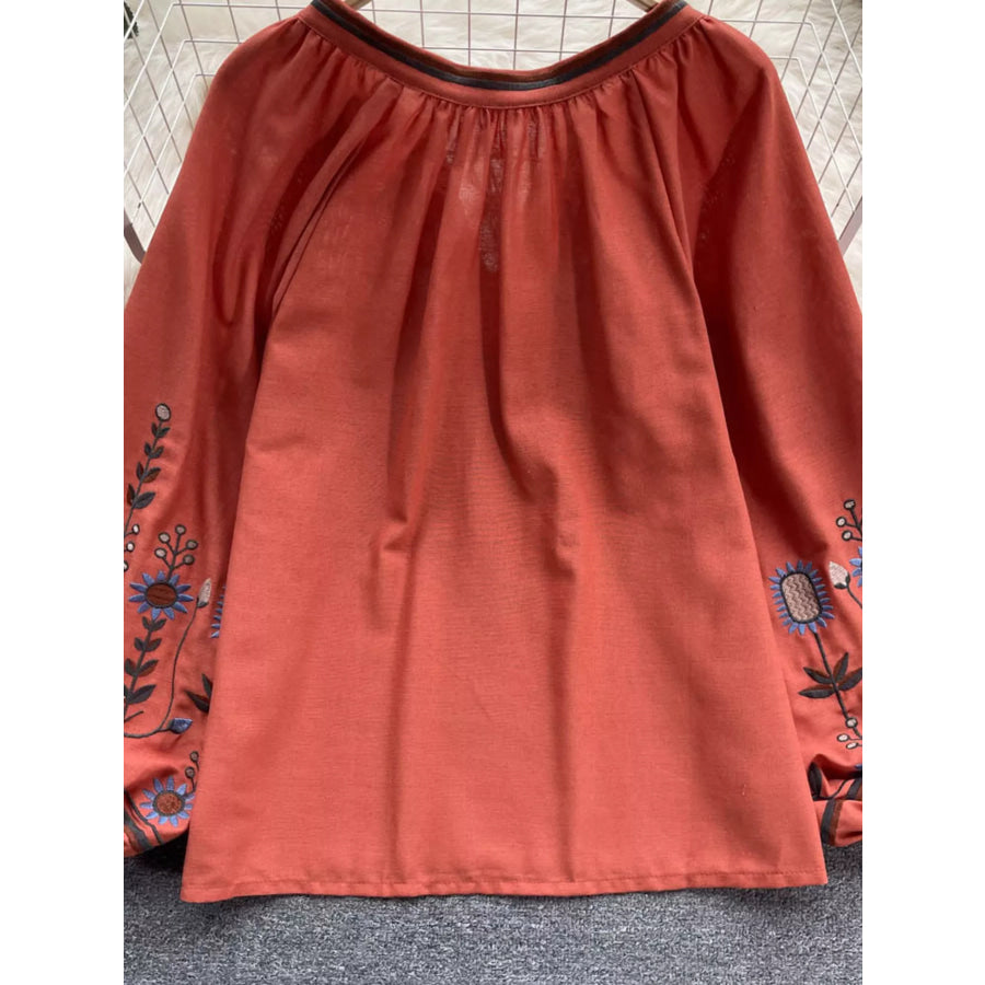 Embroidered Tie Neck Blouse Apparel and Accessories