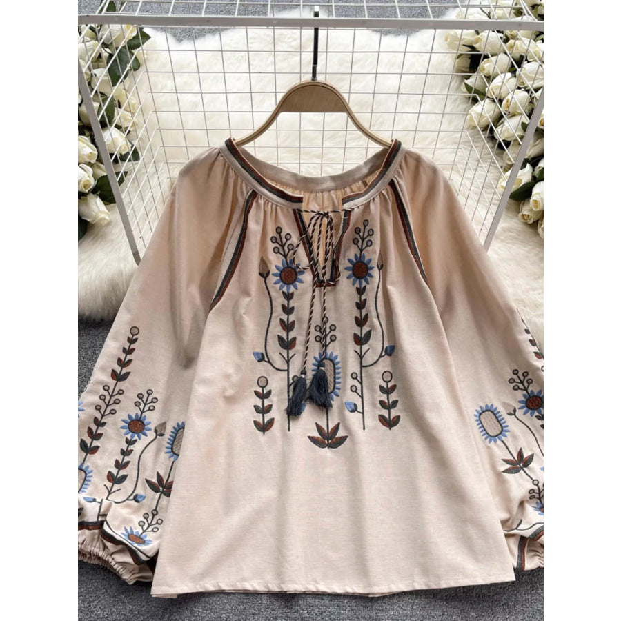 Embroidered Tie Neck Blouse Apparel and Accessories