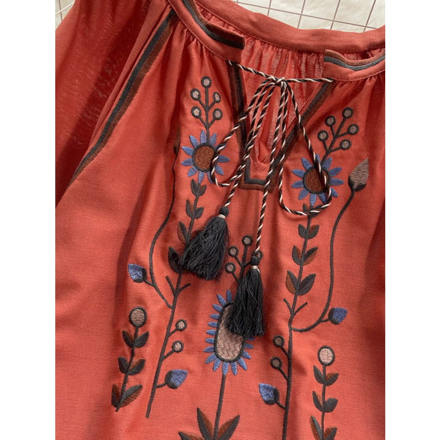 Embroidered Tie Neck Blouse Apparel and Accessories
