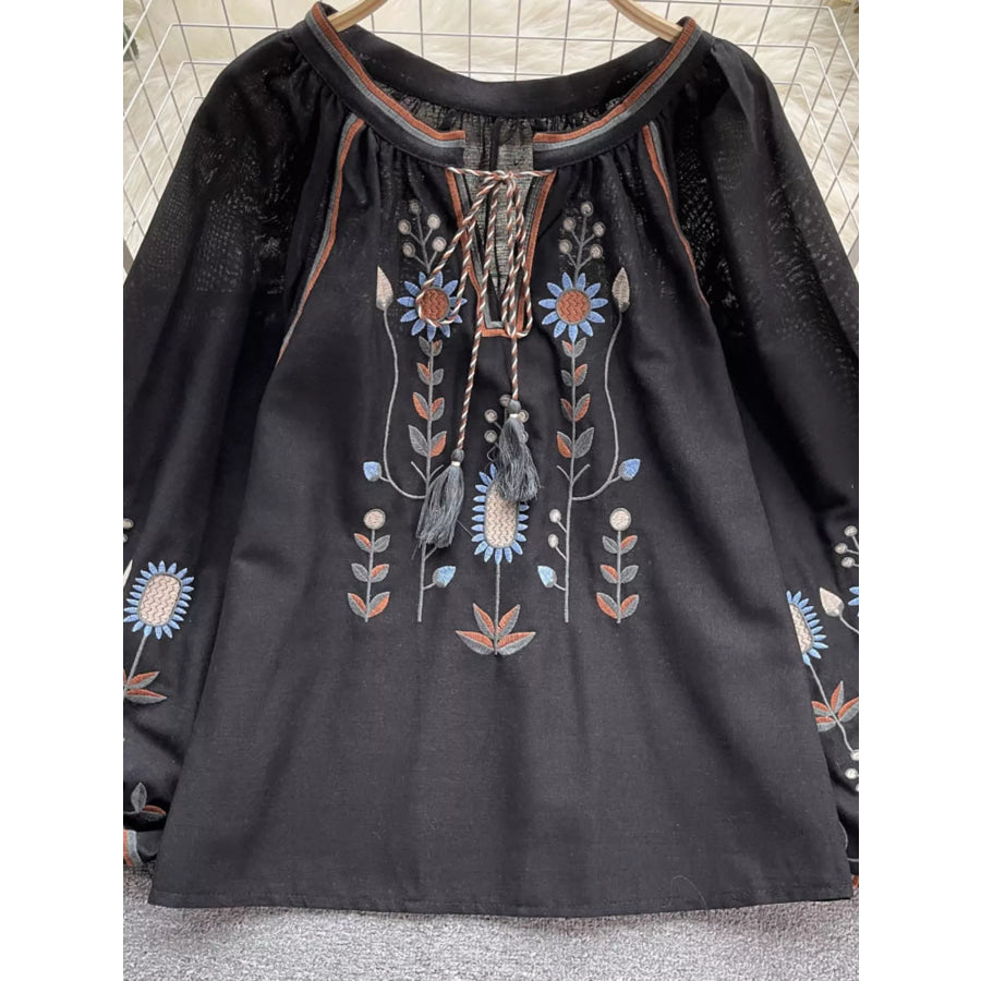 Embroidered Tie Neck Blouse Apparel and Accessories