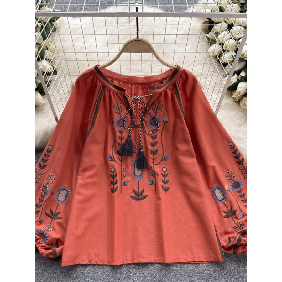 Embroidered Tie Neck Blouse Apparel and Accessories