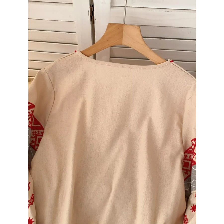 Embroidered Tie Neck Blouse Apparel and Accessories