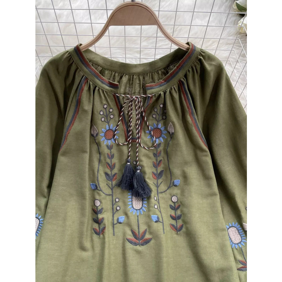 Embroidered Tie Neck Blouse Apparel and Accessories
