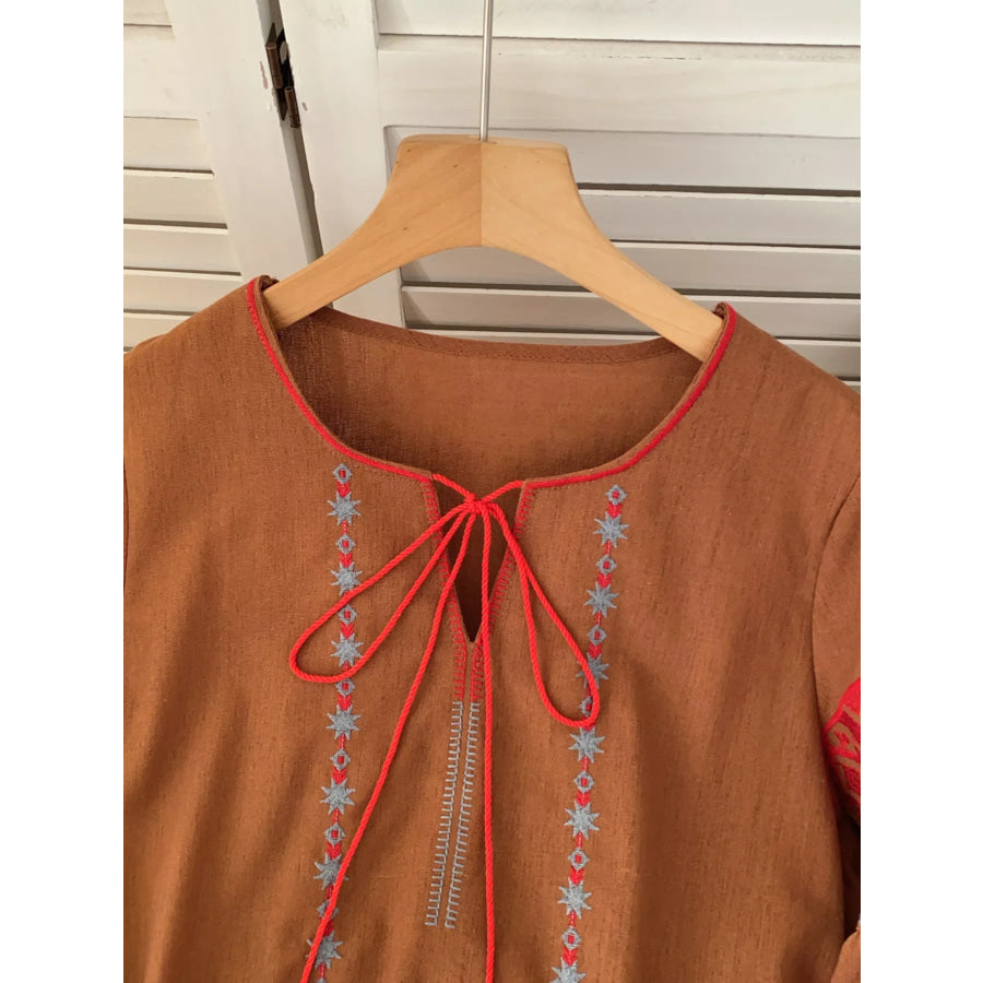 Embroidered Tie Neck Blouse Apparel and Accessories