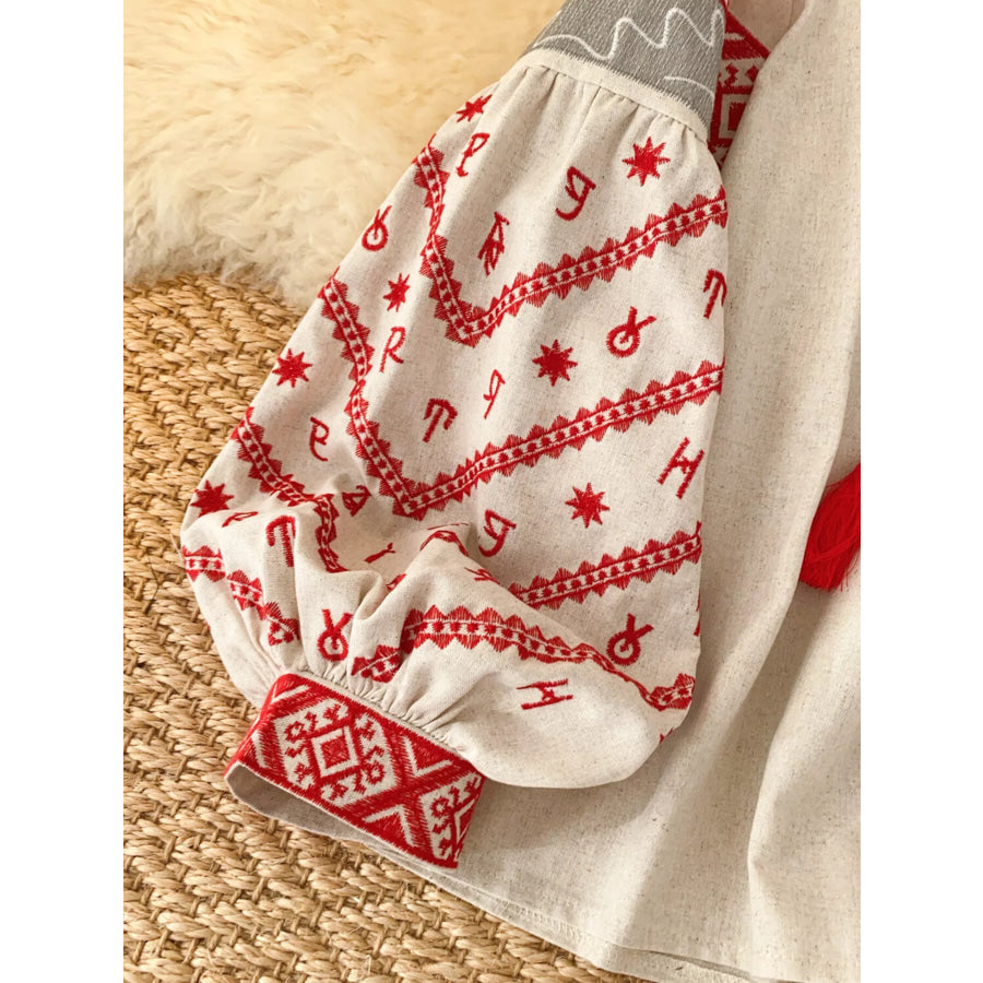 Embroidered Tie Neck Blouse Apparel and Accessories