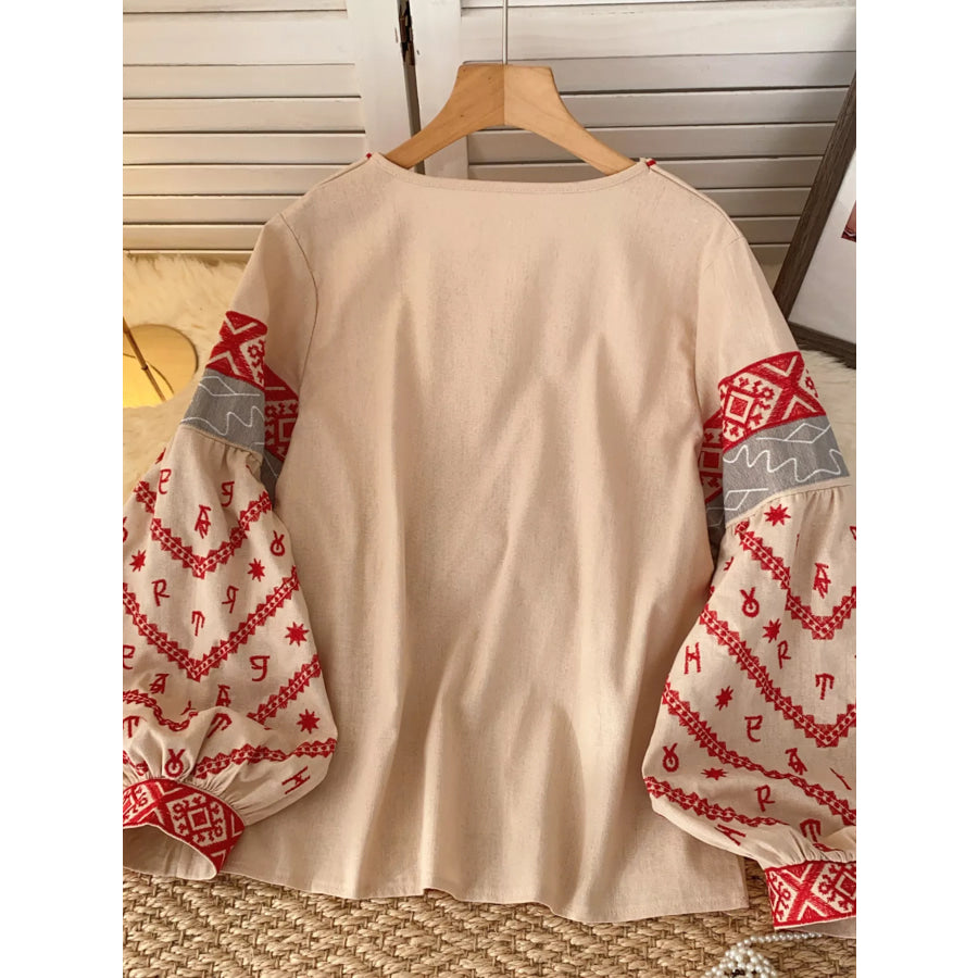 Embroidered Tie Neck Blouse Apparel and Accessories