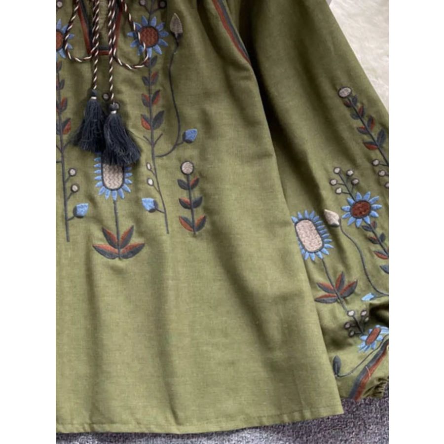 Embroidered Tie Neck Blouse Apparel and Accessories