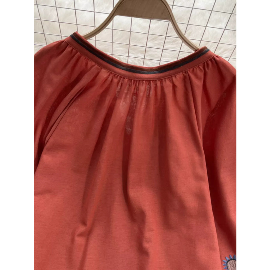 Embroidered Tie Neck Blouse Apparel and Accessories