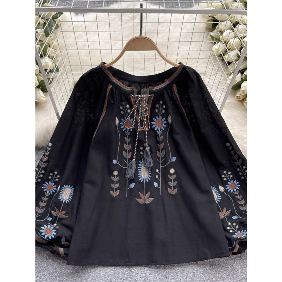 Embroidered Tie Neck Blouse Apparel and Accessories