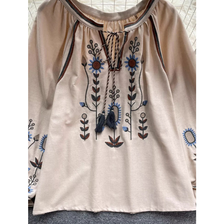 Embroidered Tie Neck Blouse Apricot / One Size Apparel and Accessories