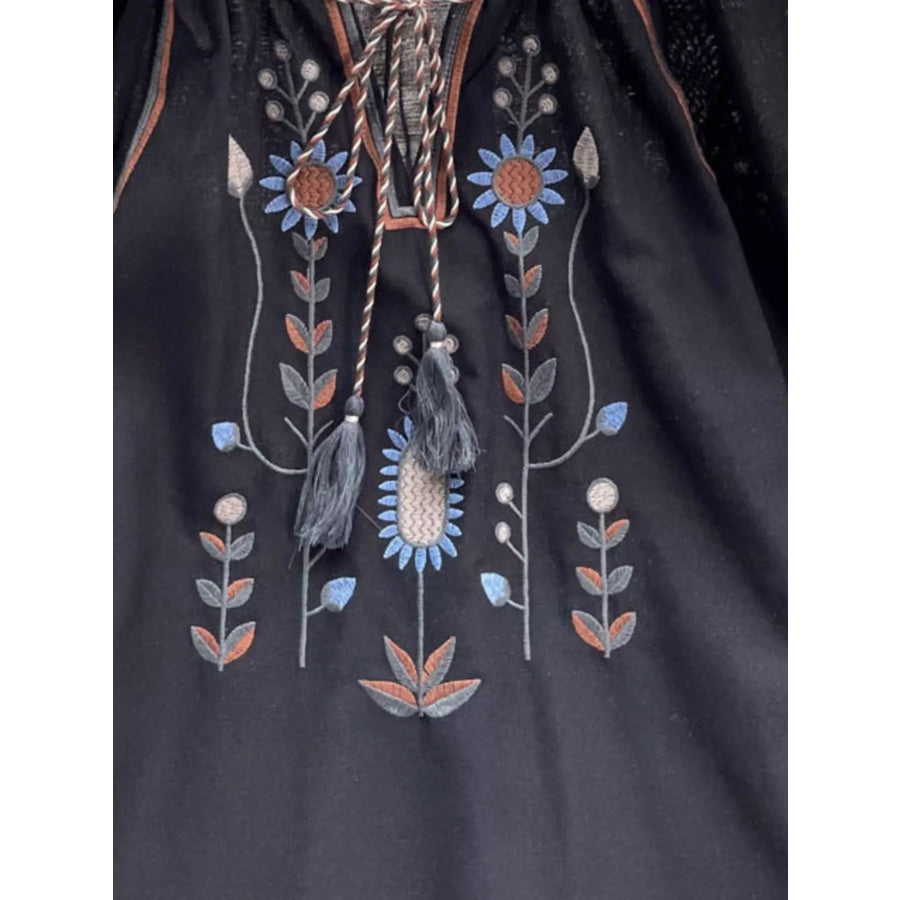 Embroidered Tie Neck Blouse Black / One Size Apparel and Accessories