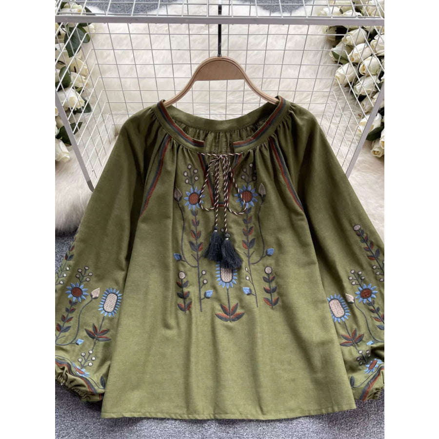 Embroidered Tie Neck Blouse Green / One Size Apparel and Accessories