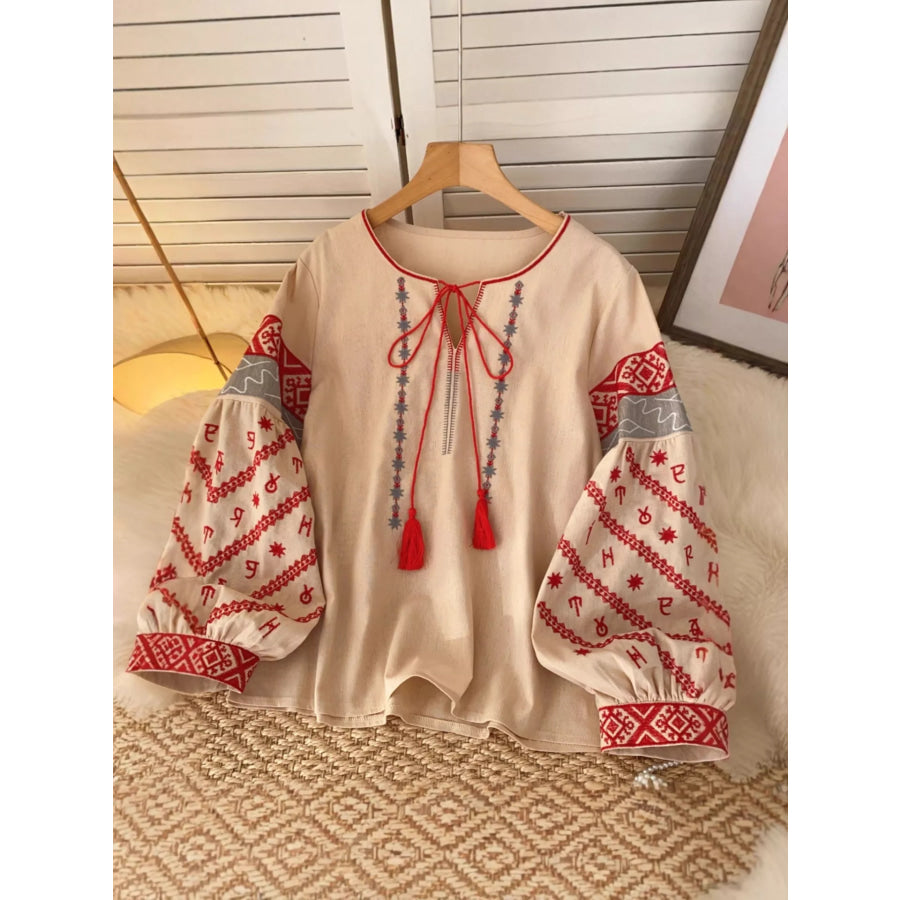 Embroidered Tie Neck Blouse Khaki / One Size Apparel and Accessories