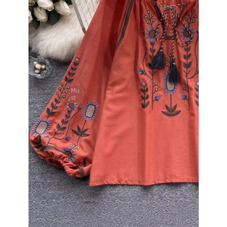 Embroidered Tie Neck Blouse Orange Red / One Size Apparel and Accessories