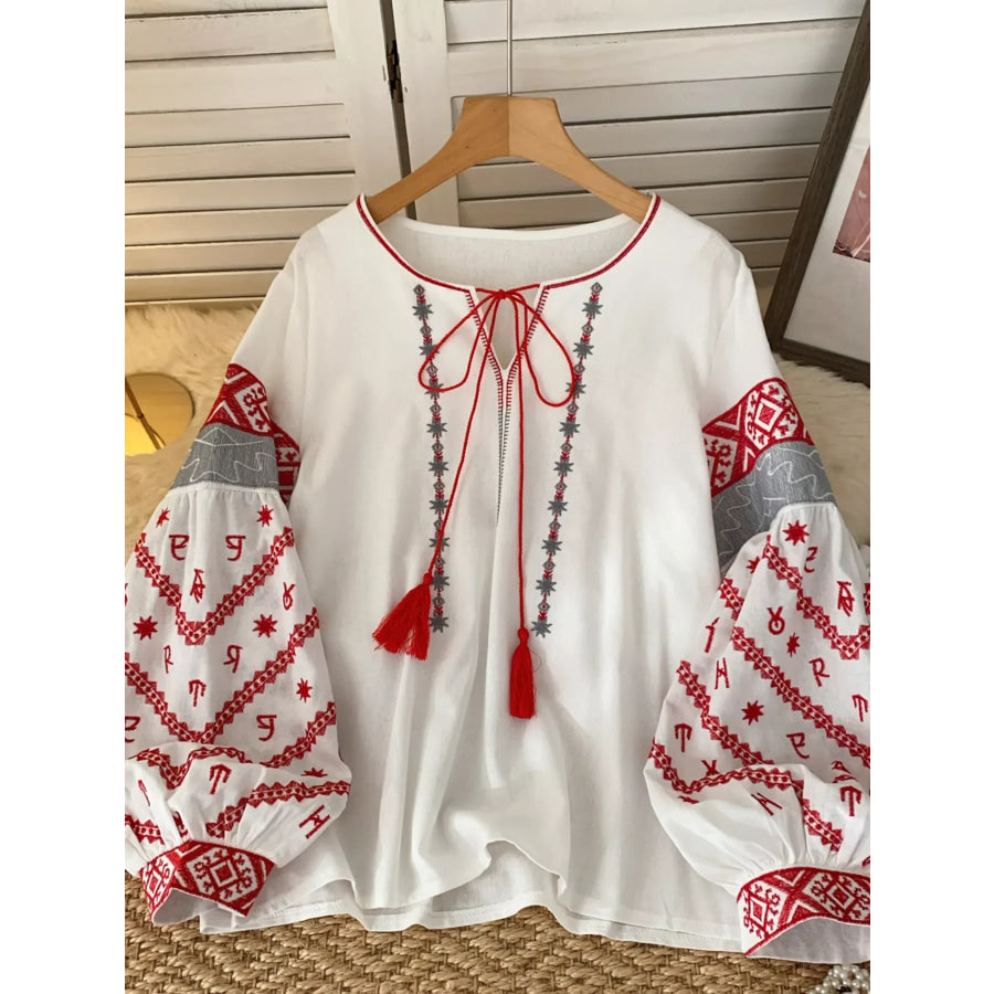 Embroidered Tie Neck Blouse White / One Size Apparel and Accessories