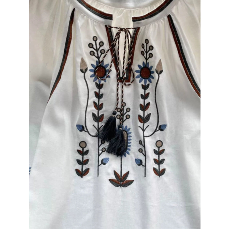 Embroidered Tie Neck Blouse White / One Size Apparel and Accessories