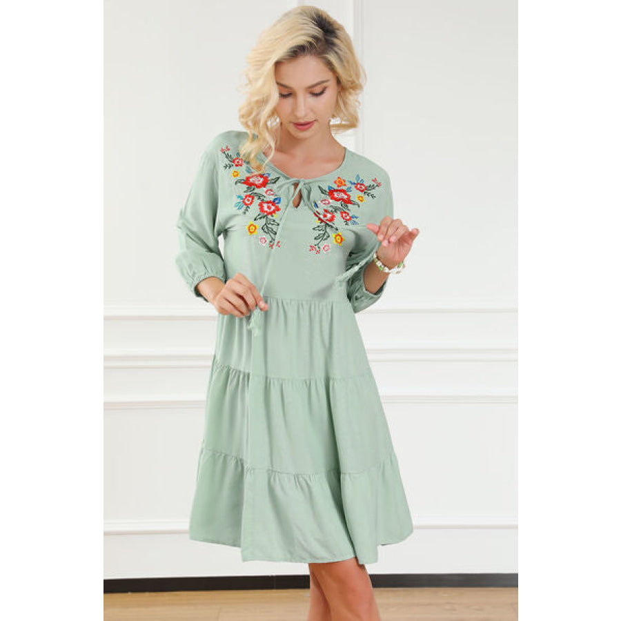 Embroidered Tie Neck Dropped Shoulder Mini Dress Light Green / S Apparel and Accessories