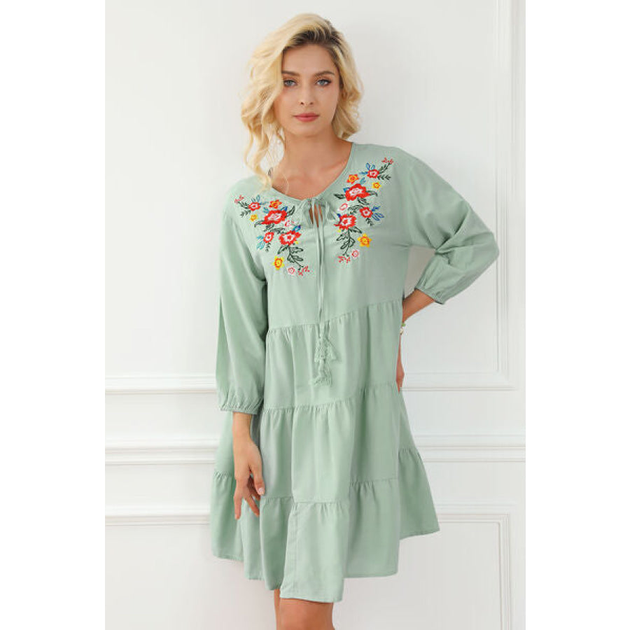 Embroidered Tie Neck Dropped Shoulder Mini Dress Apparel and Accessories