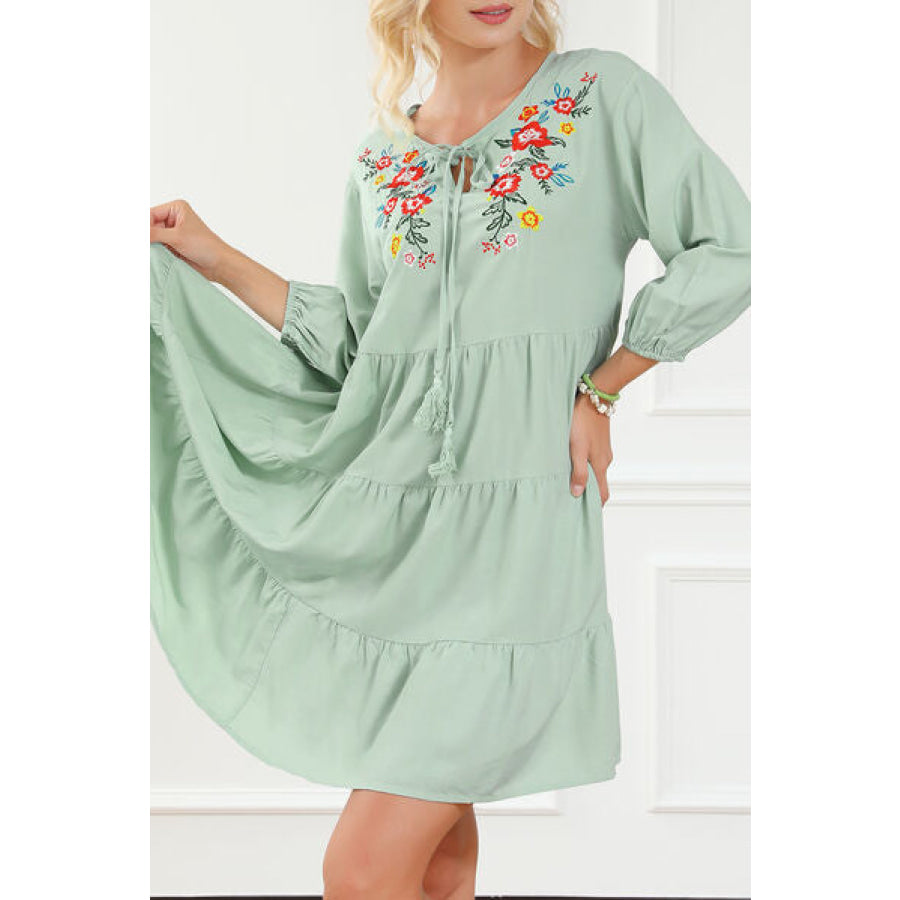 Embroidered Tie Neck Dropped Shoulder Mini Dress Light Green / S Apparel and Accessories