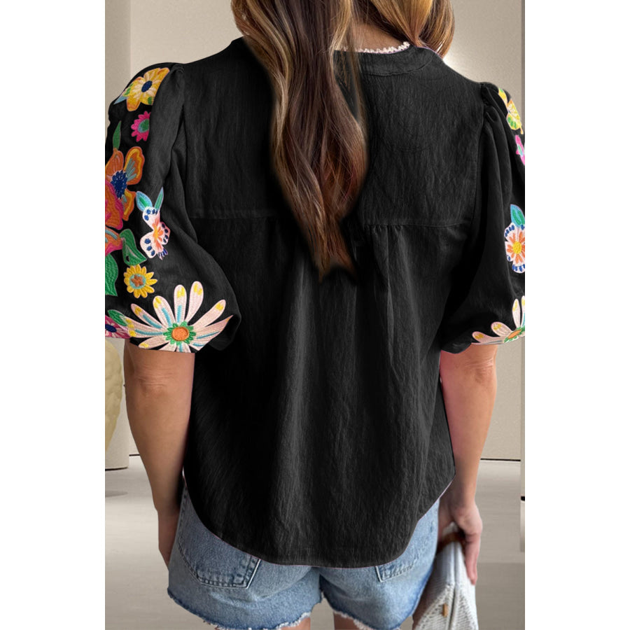 Embroidered Tie Neck Half Sleeve Blouse Black / S Apparel and Accessories