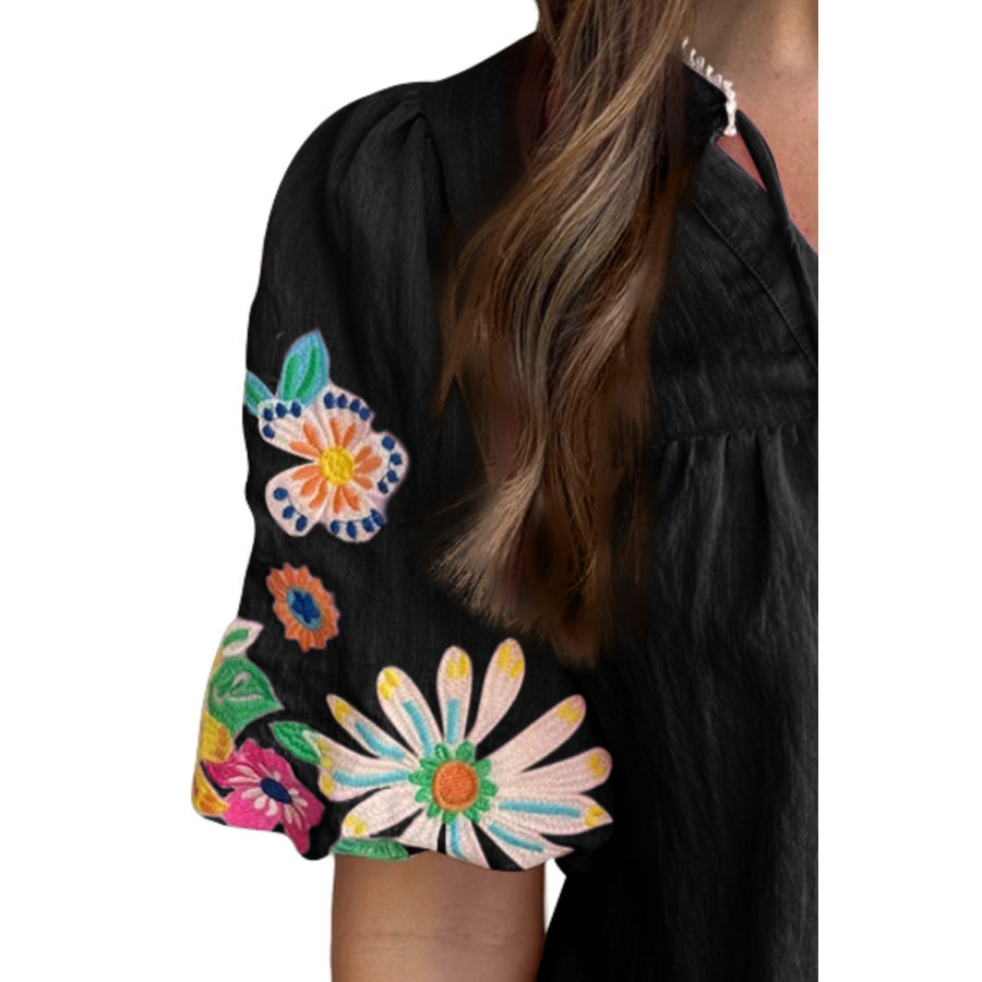 Embroidered Tie Neck Half Sleeve Blouse Apparel and Accessories