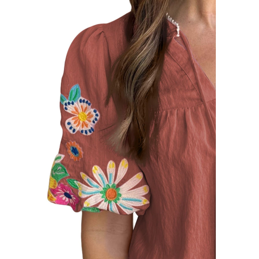 Embroidered Tie Neck Half Sleeve Blouse Apparel and Accessories