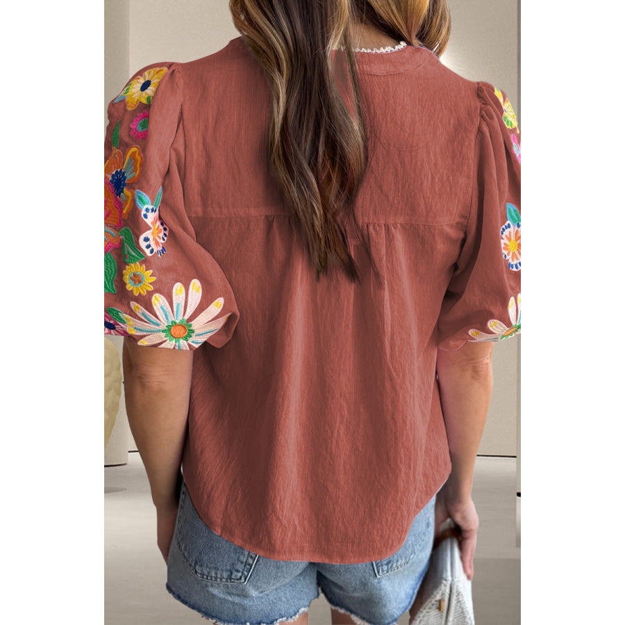 Embroidered Tie Neck Half Sleeve Blouse Apparel and Accessories