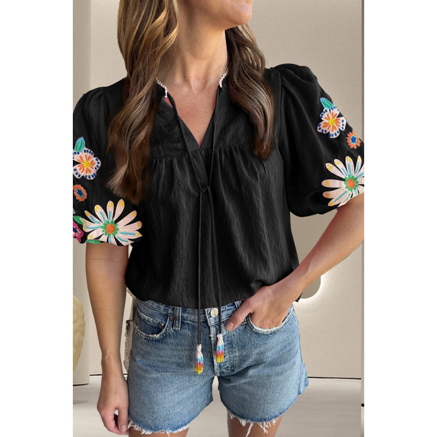 Embroidered Tie Neck Half Sleeve Blouse Black / S Apparel and Accessories