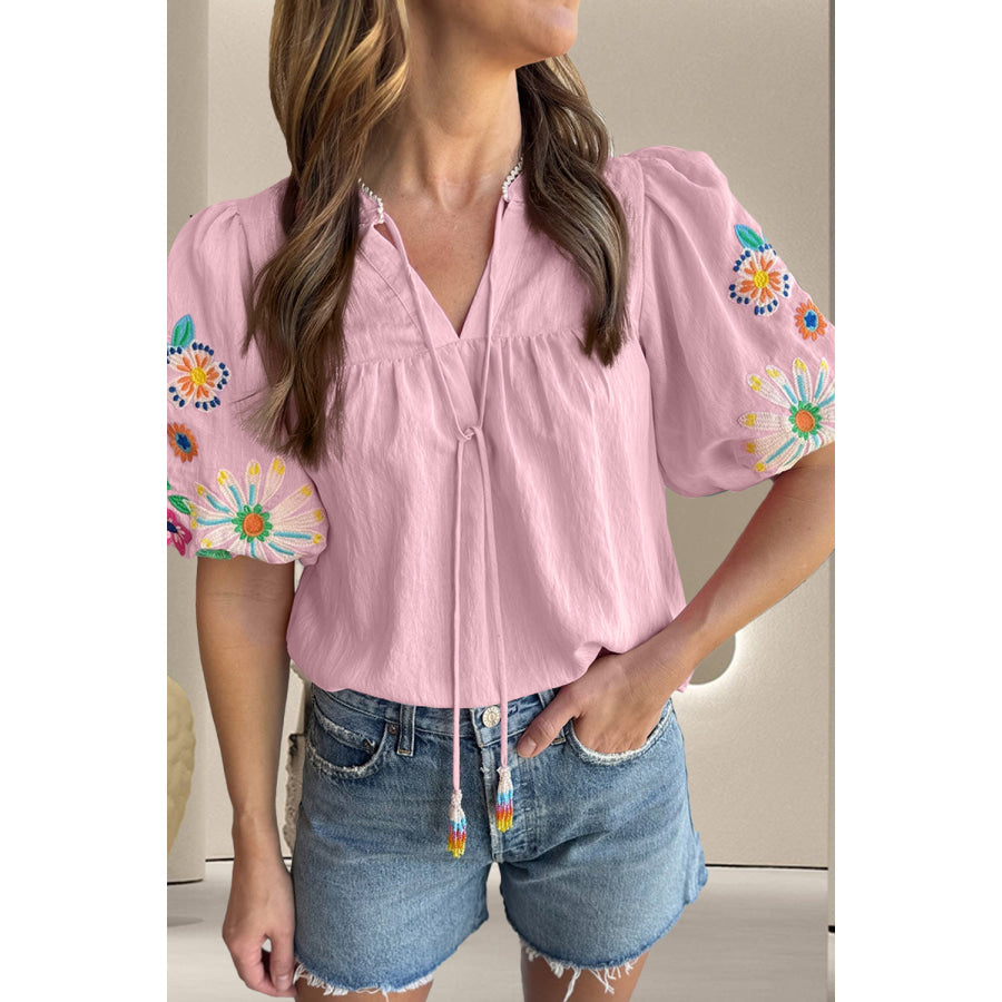 Embroidered Tie Neck Half Sleeve Blouse Blush Pink / S Apparel and Accessories