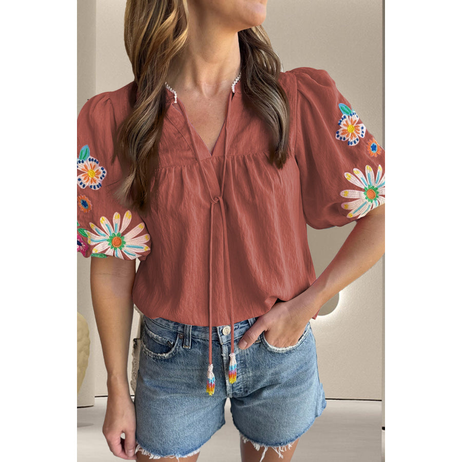 Embroidered Tie Neck Half Sleeve Blouse Rust / S Apparel and Accessories