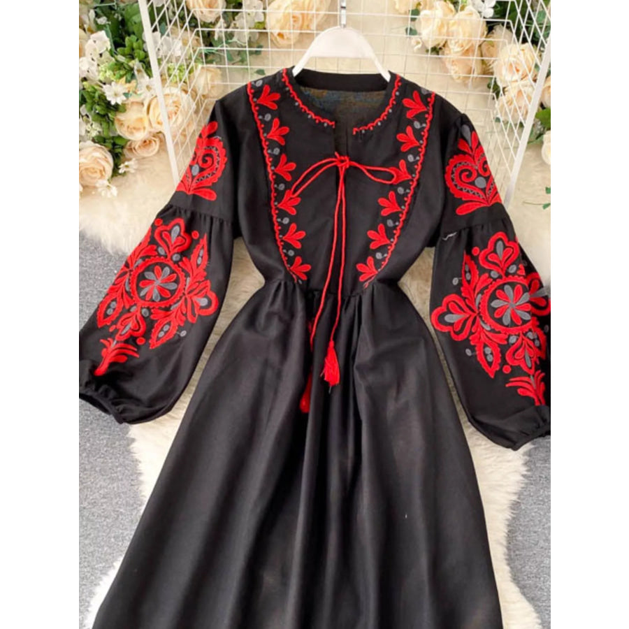 Embroidered Tie Neck Long Sleeve Dress Apparel and Accessories