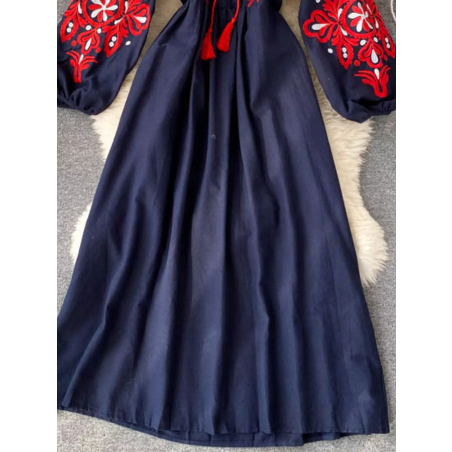 Embroidered Tie Neck Long Sleeve Dress Apparel and Accessories
