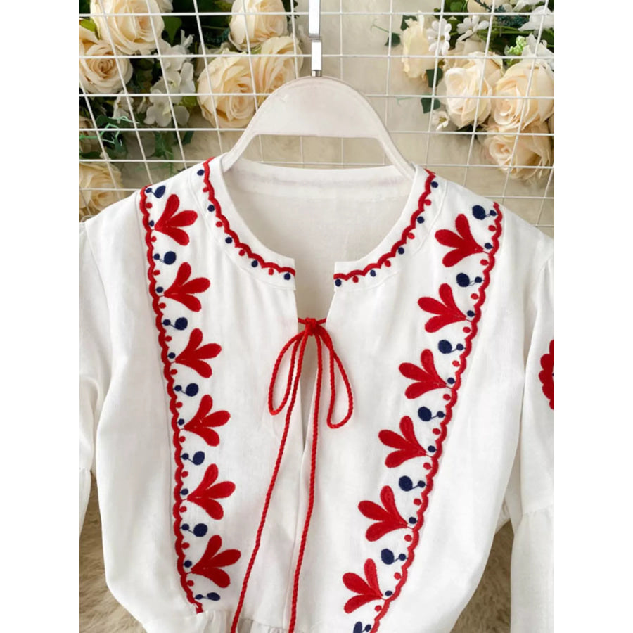 Embroidered Tie Neck Long Sleeve Dress Apparel and Accessories