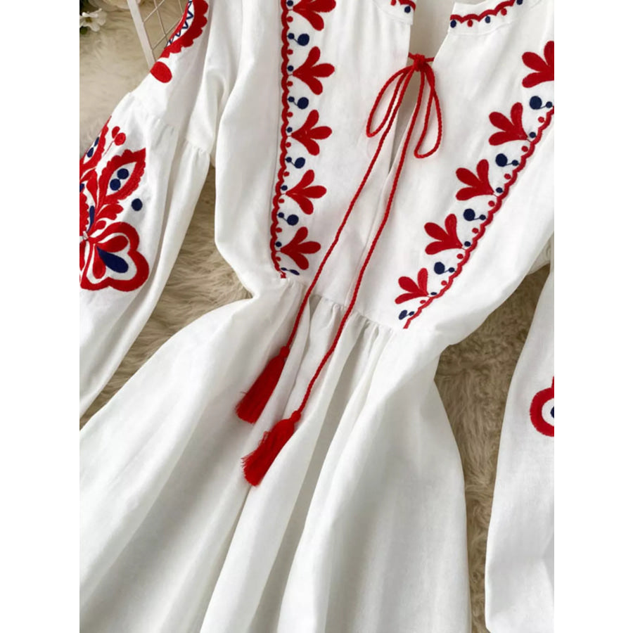 Embroidered Tie Neck Long Sleeve Dress Apparel and Accessories