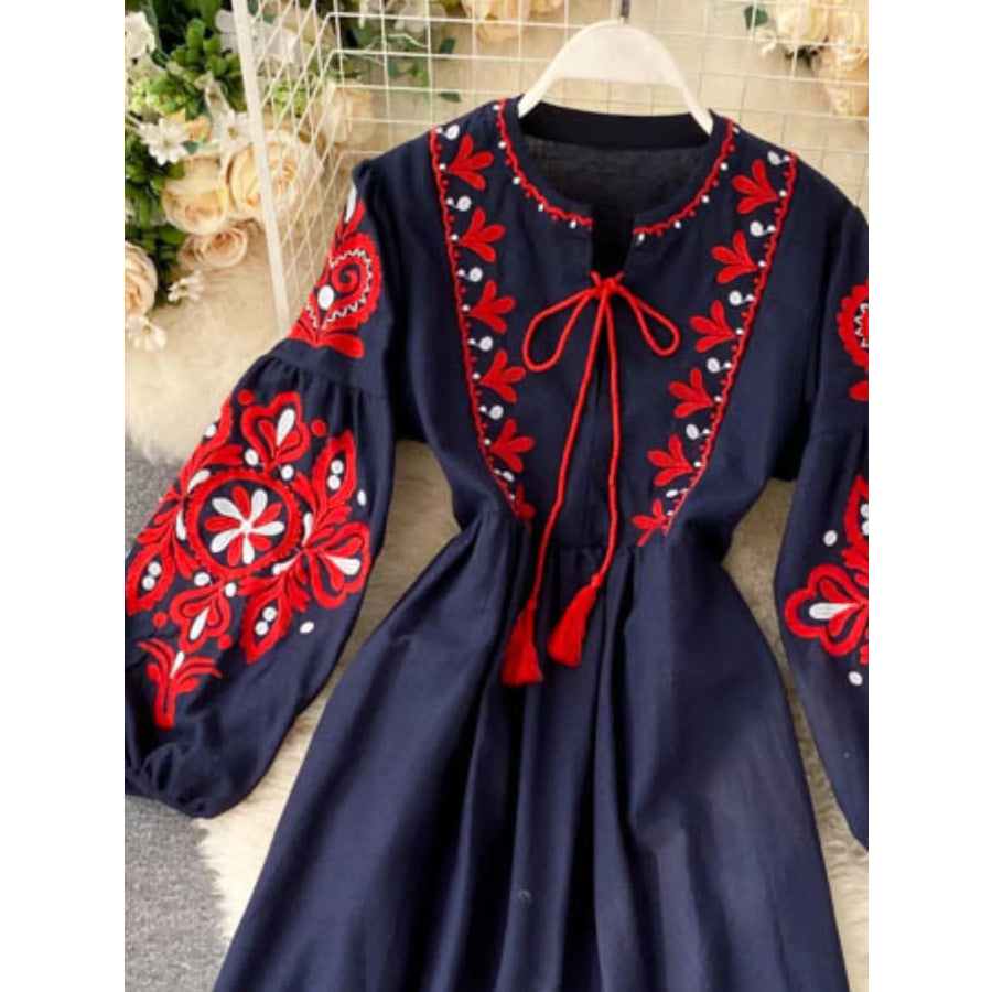 Embroidered Tie Neck Long Sleeve Dress Apparel and Accessories