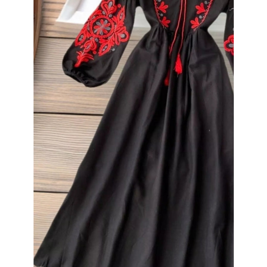 Embroidered Tie Neck Long Sleeve Dress Apparel and Accessories